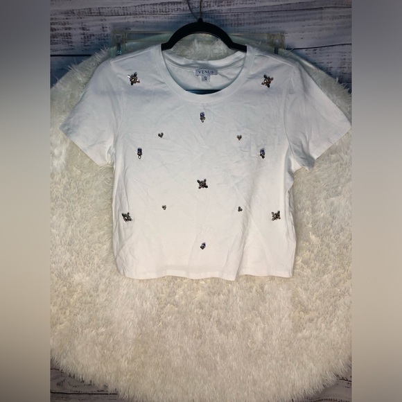 VENUS White Embellished Crop Top Tee XS - Picture 4 of 9